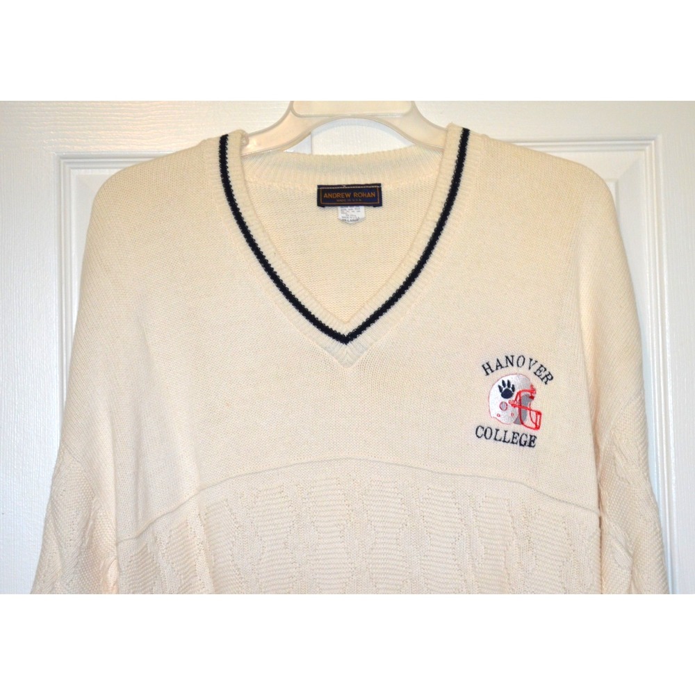 Andrew Rohan Sweater Mens 2XL Ivory w/ Blue Trim V-Neck Hanover College USA - Picture 2 of 16